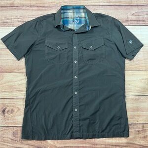 Kuhl Eluxur Mini Plaid Button‎ Up Performance Short Sleeve Mens Small Gray